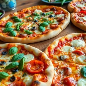 Délicieuses pizzas avec garnitures variées sur une table rustique.