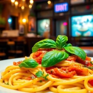 Plat de pâtes avec basilic dans un restaurant italien.