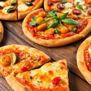 Variété de pizzas maison sur une table en bois.