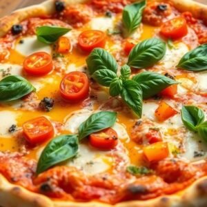 Pizza traditionnelle avec des garnitures colorées et croustillante