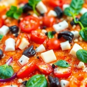 Pizza moderne avec ingrédients uniques et couleurs vives.