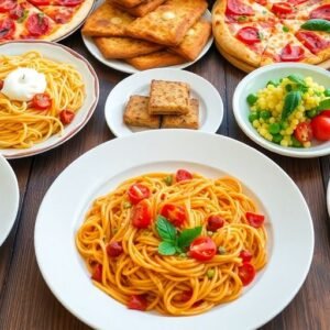 Assortiment de plats italiens délicieux sur une table en bois.